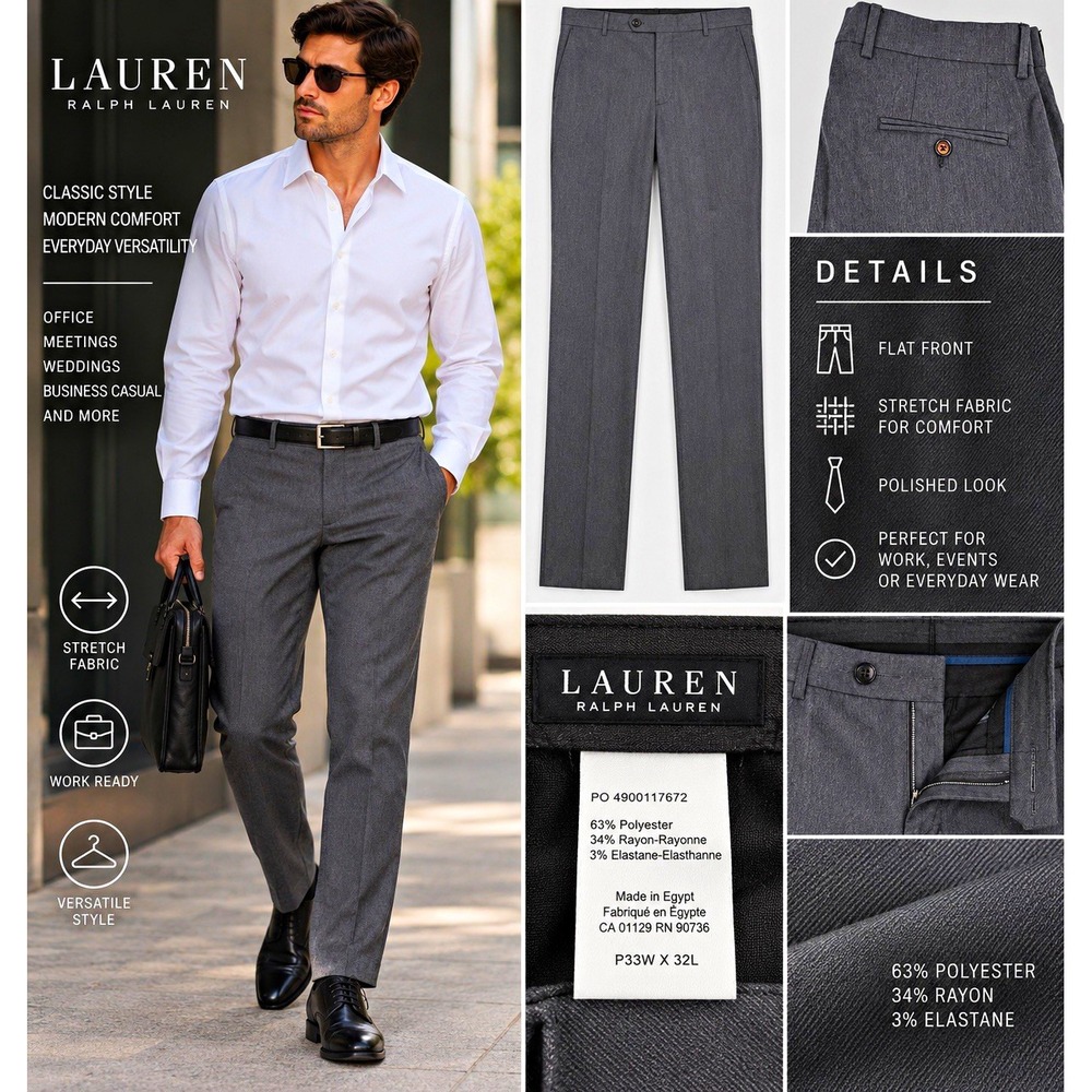 Mens Gray Dress Pants Lauren Ralph Lauren 33W Stretch Flat Front Trouser 33x29.5